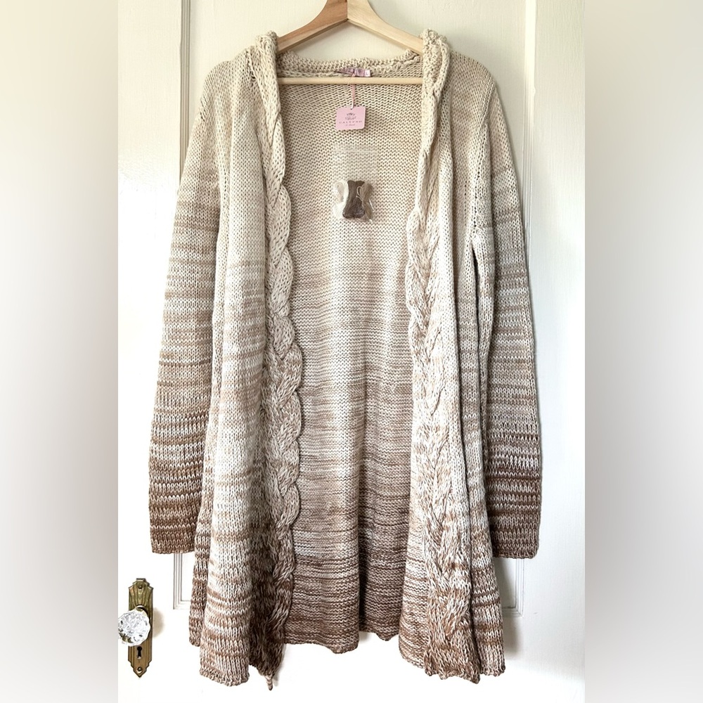 NWT Calypso St. Barth Alpaca Chandana Long Braided Cardigan Camel Melange L